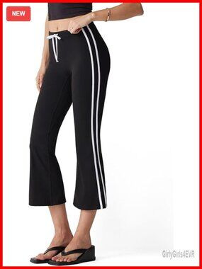 High Waisted Flare Capri Yoga Pants with Side Stripe, Nylon Spandex